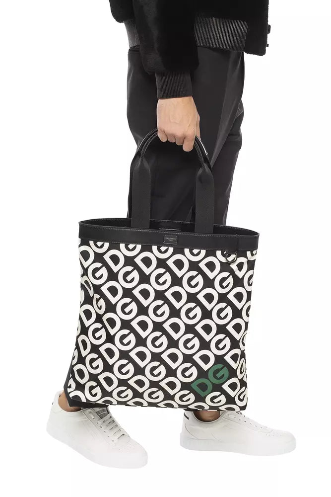 Black Patterned Leather-Trim Shopper Bag