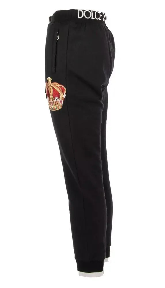 Embroidered Crown Sport Pants - Elegant Black