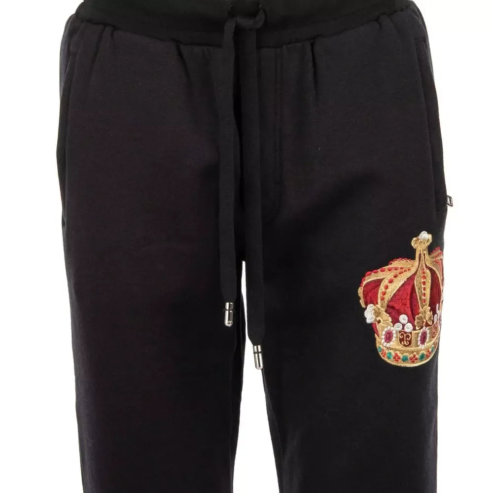 Embroidered Crown Sport Pants - Elegant Black