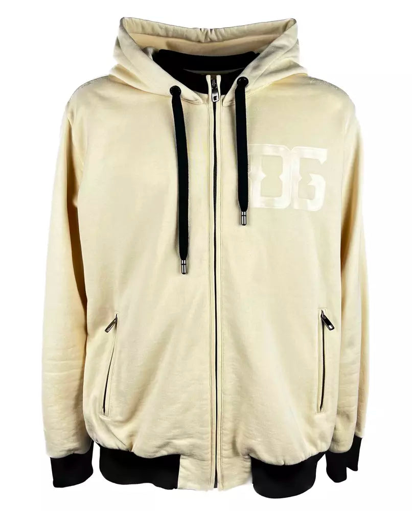 Beige Cotton Hooded Sweatshirt with Zipper Closure