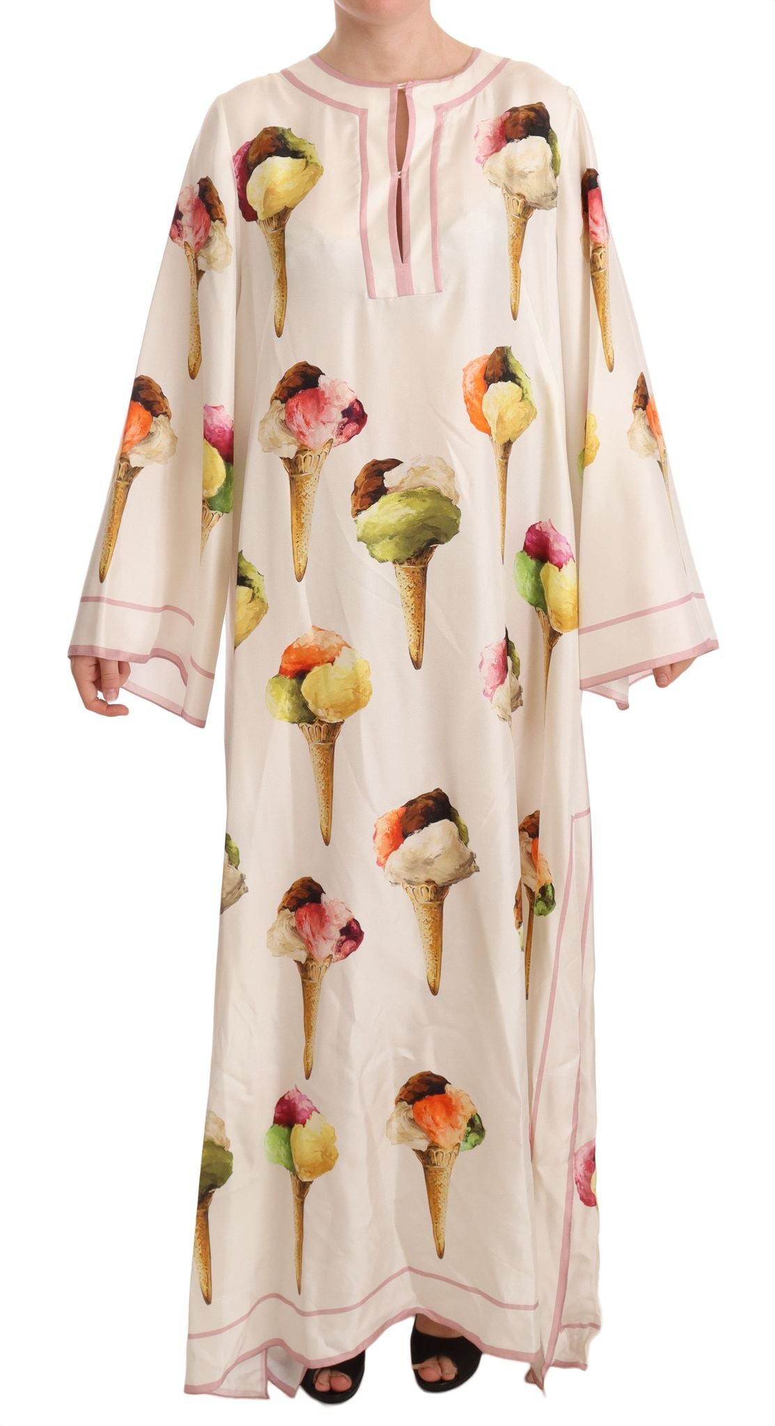 White Silk Ice Cream Print Maxi Kaftan Dress