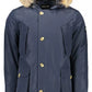 Sophisticated Blue Hooded Jacket with Fur Detail