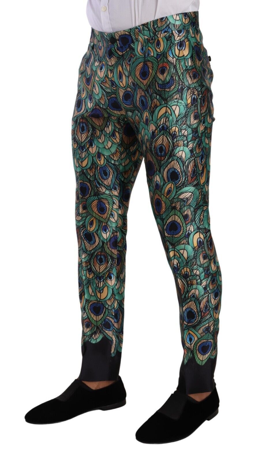 Peacock Feather Print Silk Skinny Pants