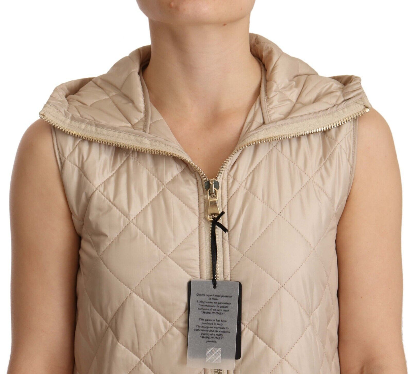 Beige Quilted Hooded Sleeveless Coat Jacket