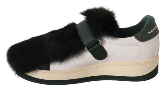 Elegant White Leather Fur-Trimmed Sneakers