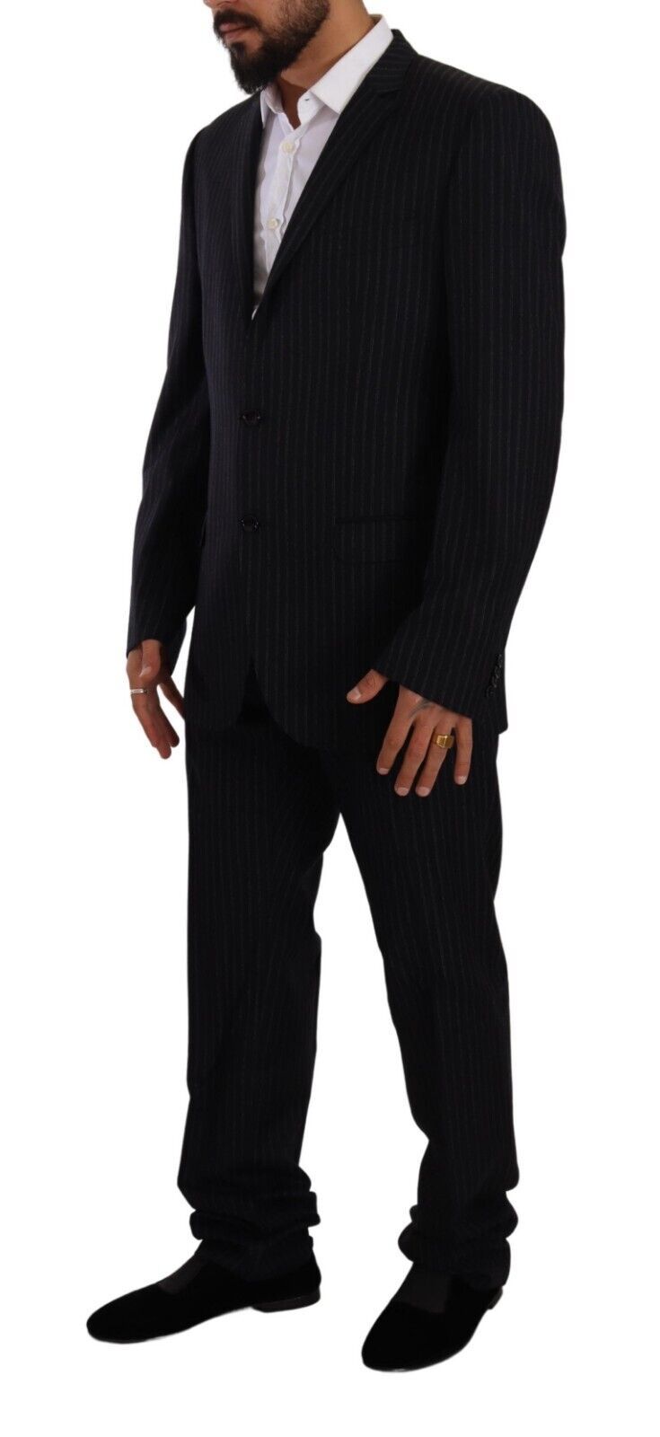 Elegant Black Striped Wool Suit