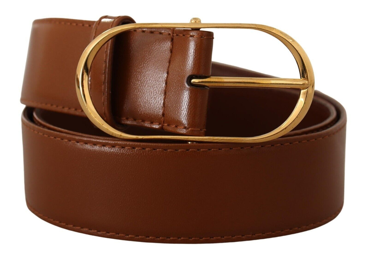 Brown Leather Gold Metal Oval Buckle Belt