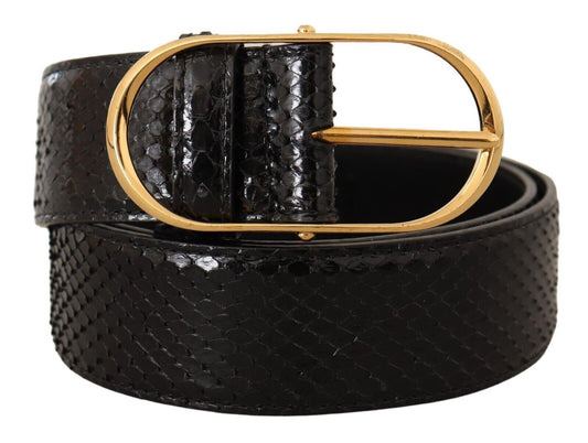 Chic Black Python Leather Belt with Gold Buckle