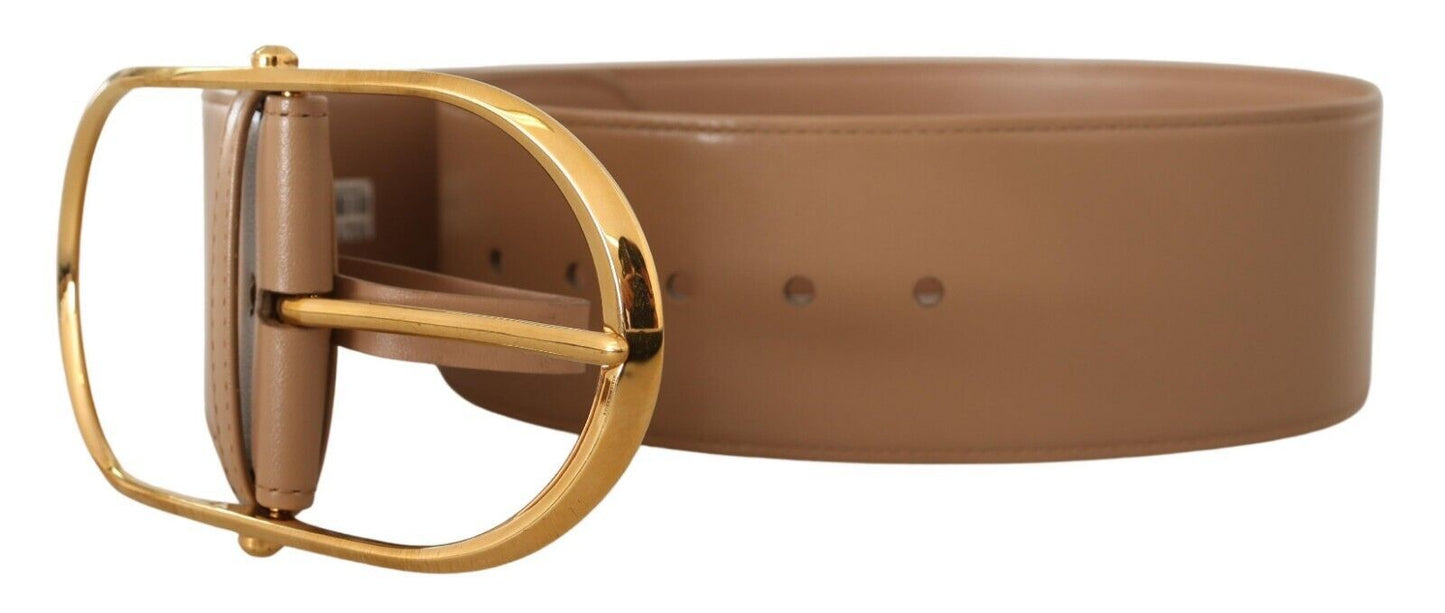 Elegant Beige Leather Belt with Gold Oval Buckle