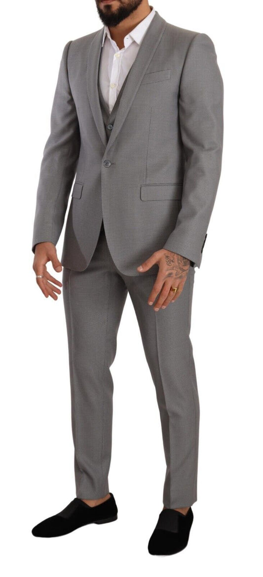 Elegant Grey Slim Fit Wool Silk 3 Piece Suit