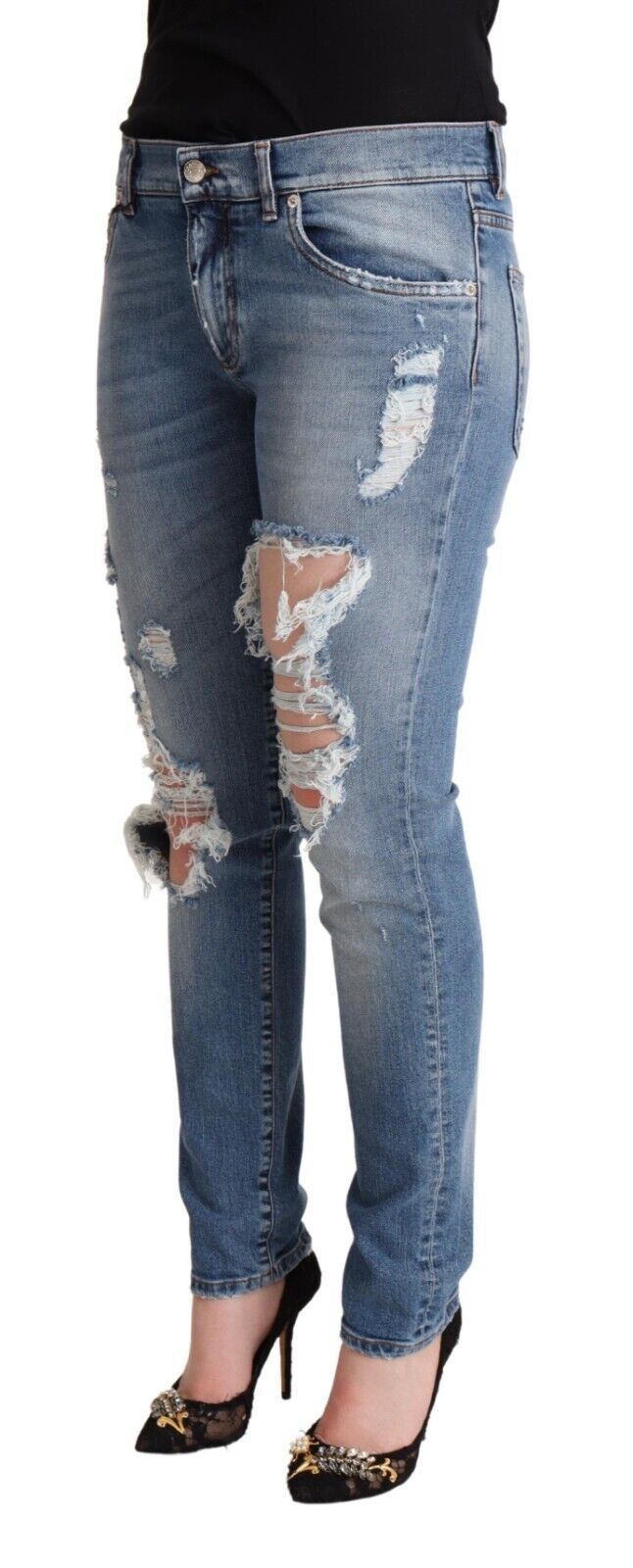 Blue Distressed Cotton Denim Skinny Jeans