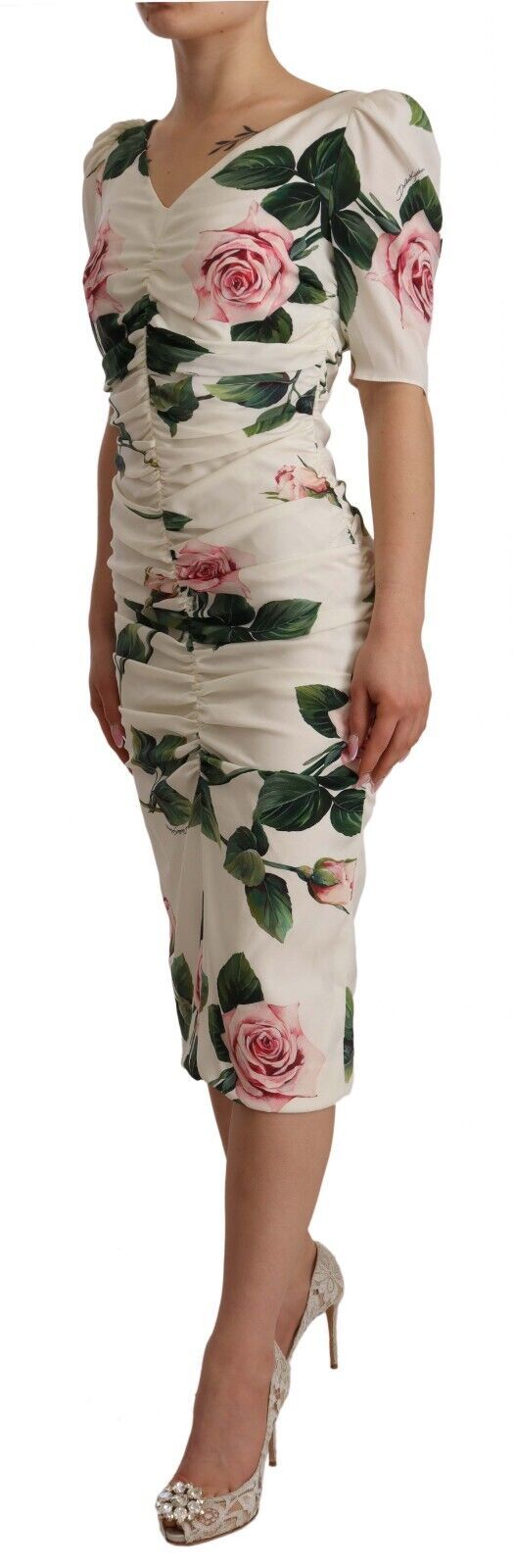 White Roses Print Stretch Silk Pleated Dress