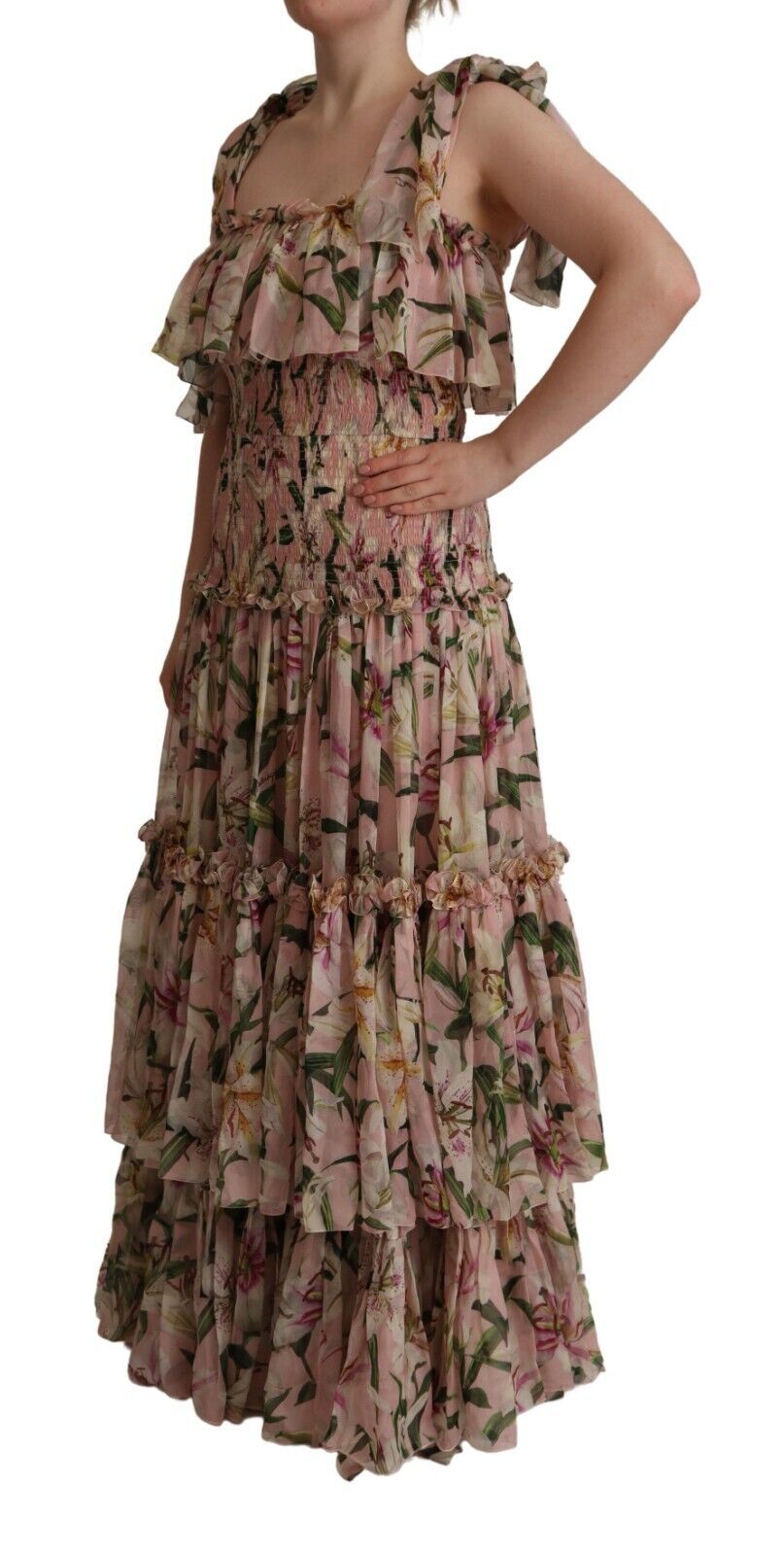 Elegant Pink Floral Ruched Silk Long Dress