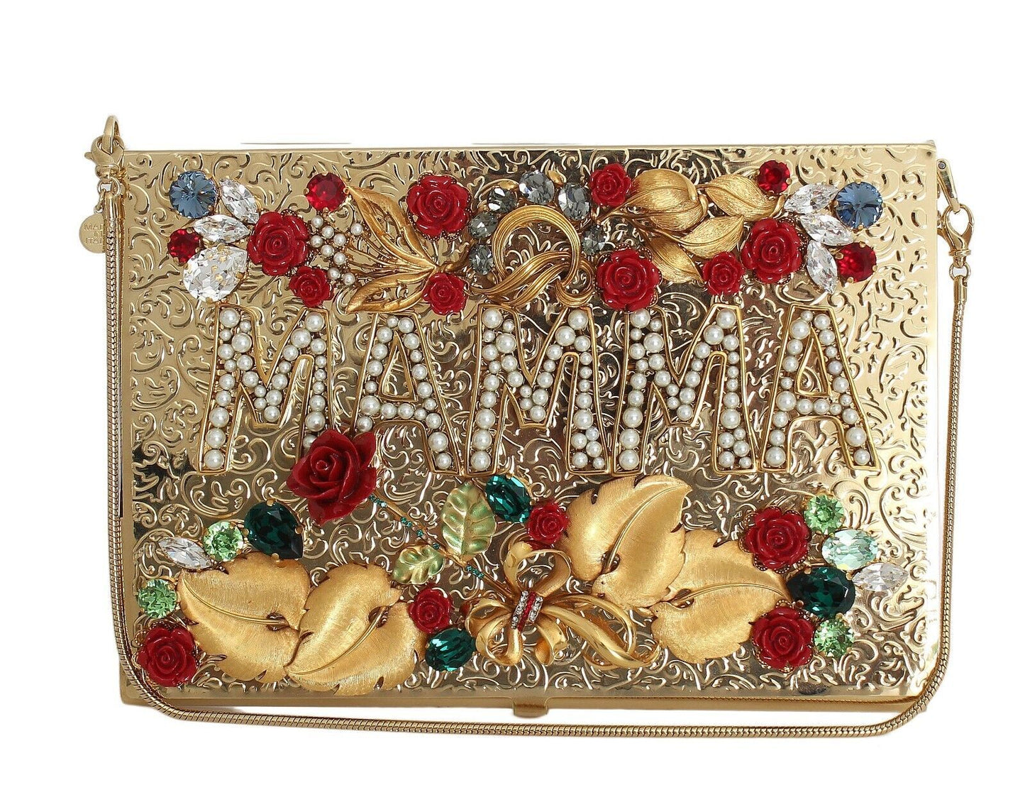 Elegant Gold Evening Box Clutch with Red Roses