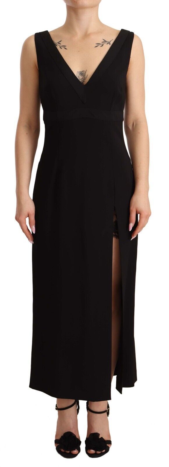 Black Silk Stretch Side Slit Sheath Midi Dress