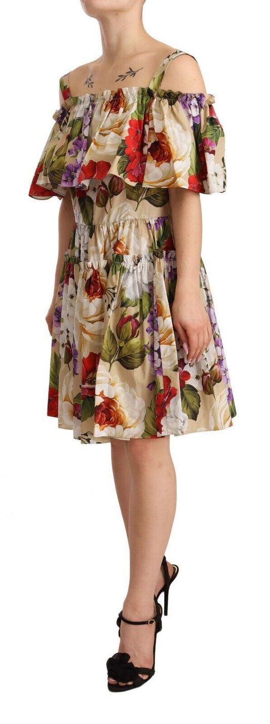 Elegant Beige Open Shoulder Floral Dress