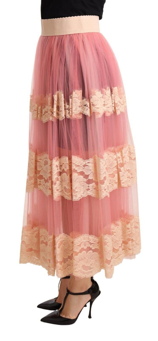 Elegant Pink High Waist Lace Midi Skirt