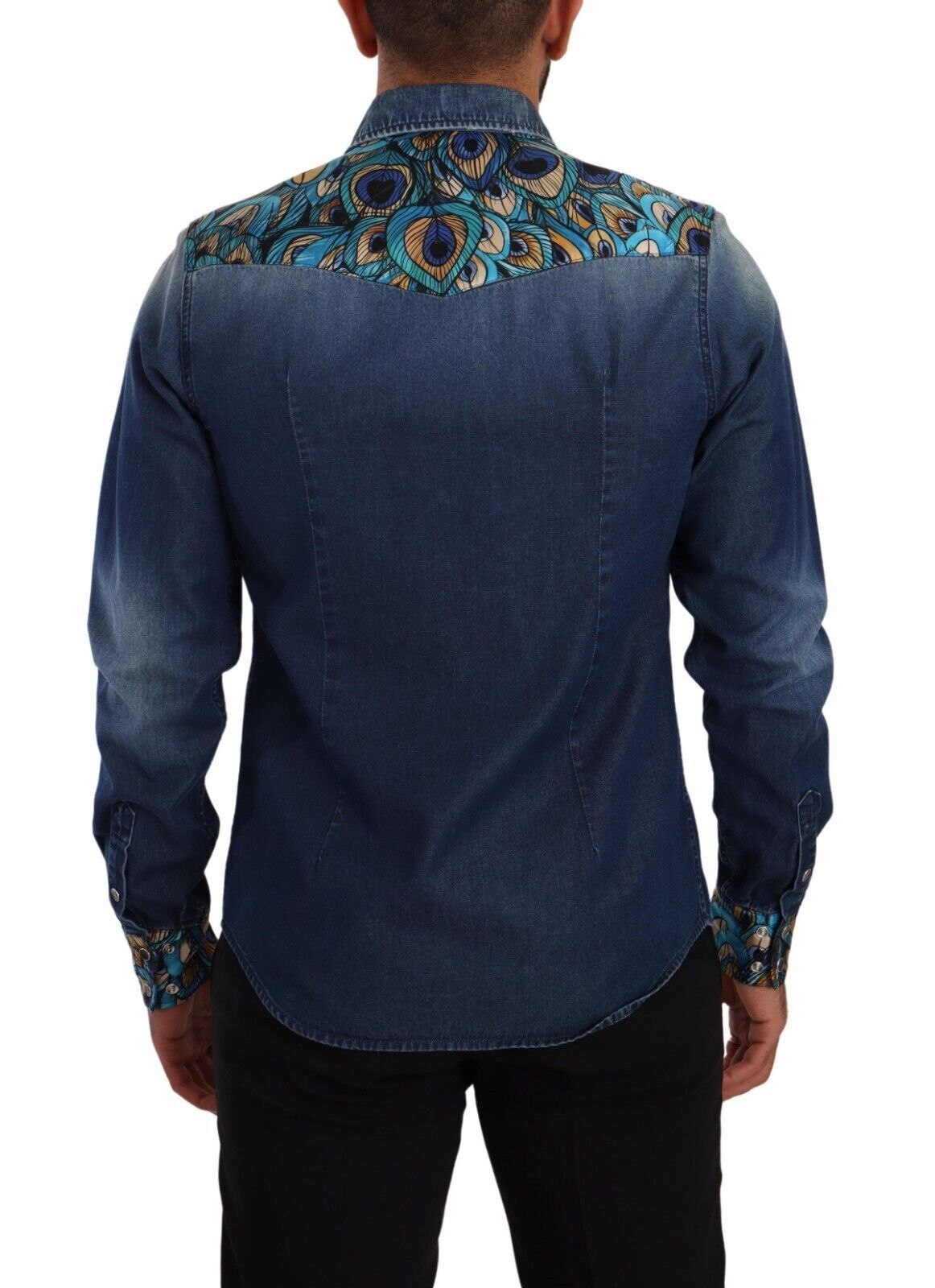 Peacock Print Cotton Denim Button-Down Shirt