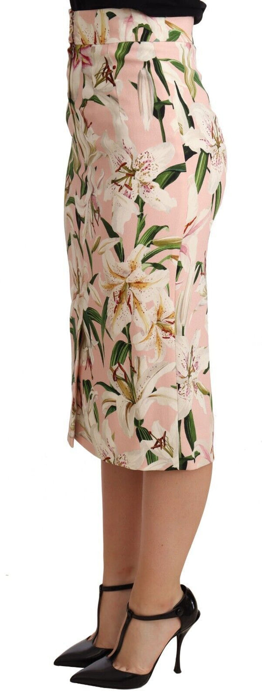 Elegant Pink Lily Print Midi Skirt