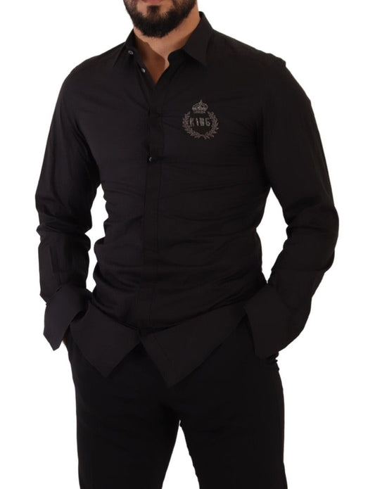 Elegant Black Cotton Dress Shirt with Embroidery