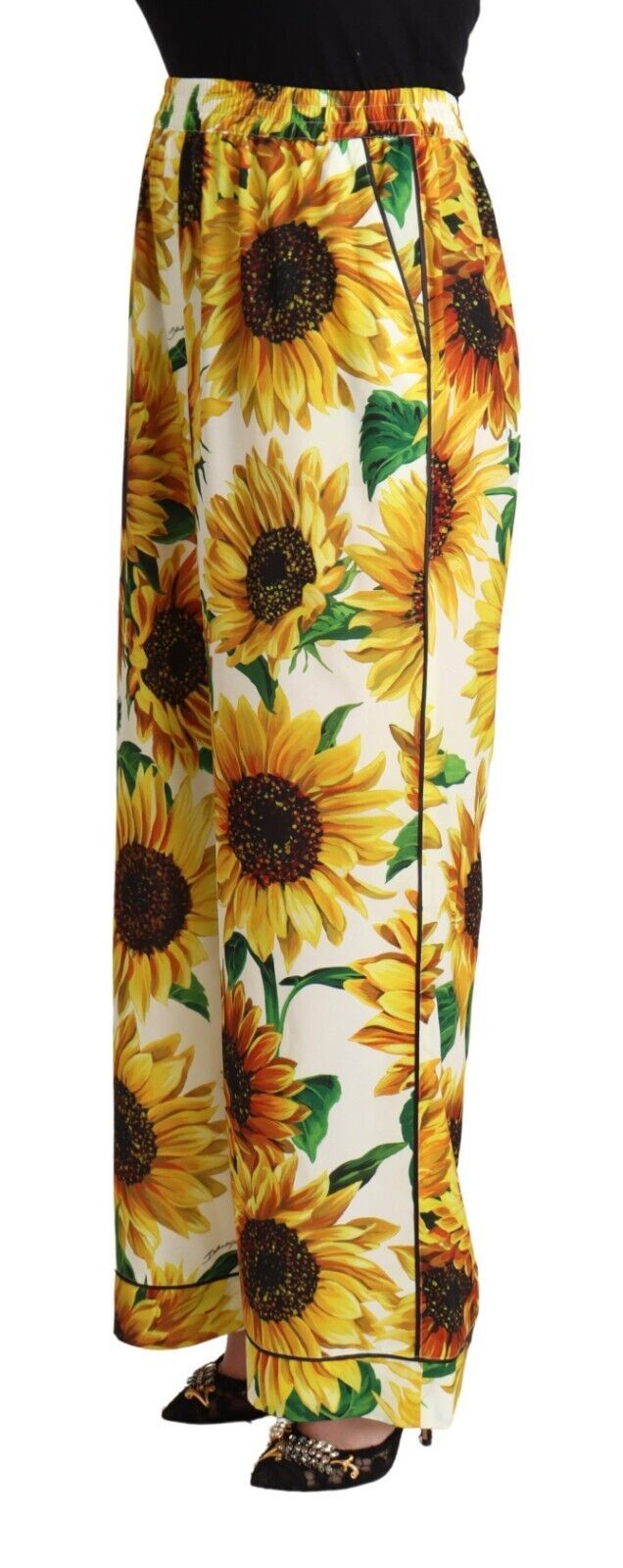 White Sunflower Print Mid Waist Wide Leg Pants