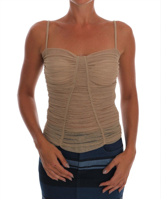 Beige Cotton Stretch Mesh Tank Spaghetti Strap Top