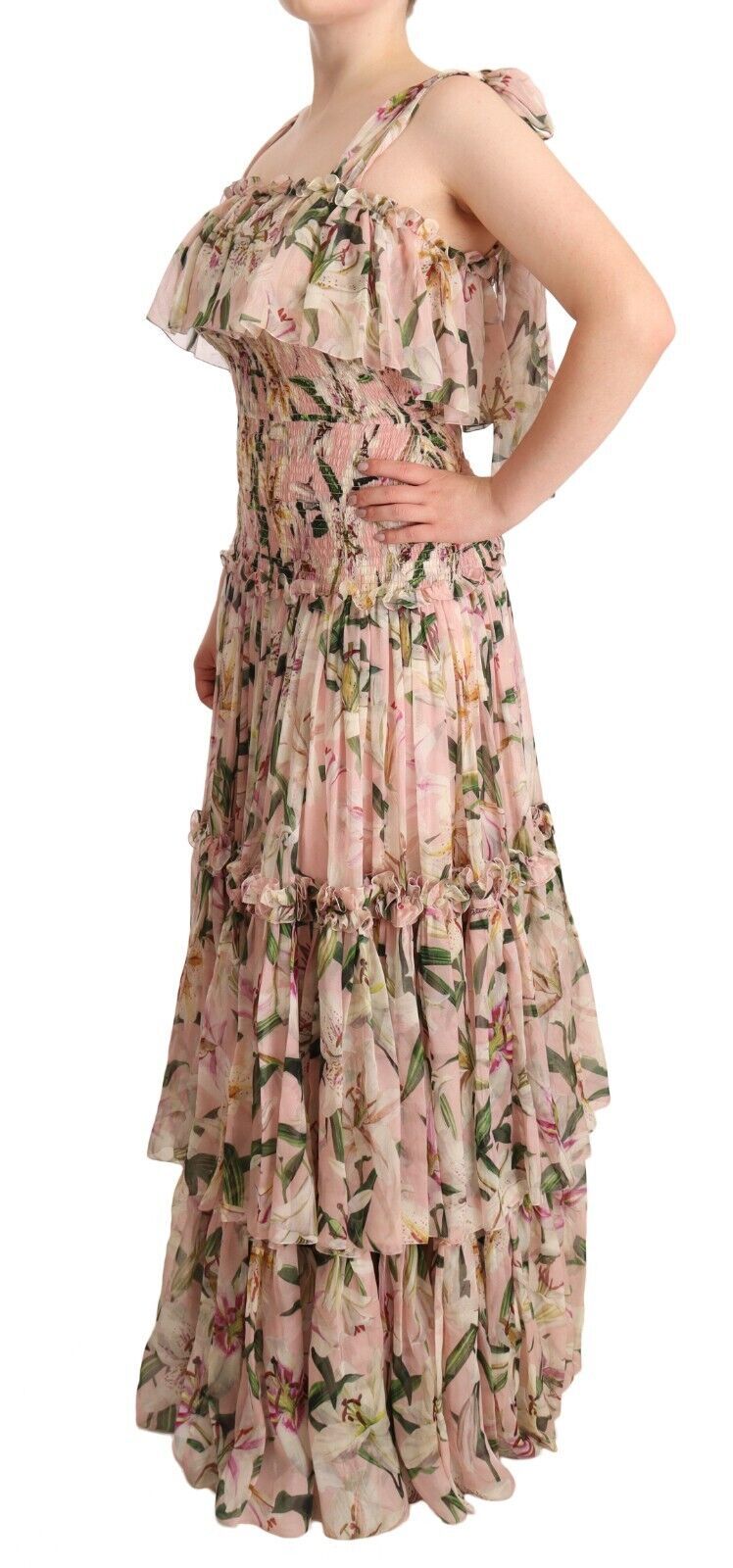 Elegant Floral Ruched Silk Long Dress