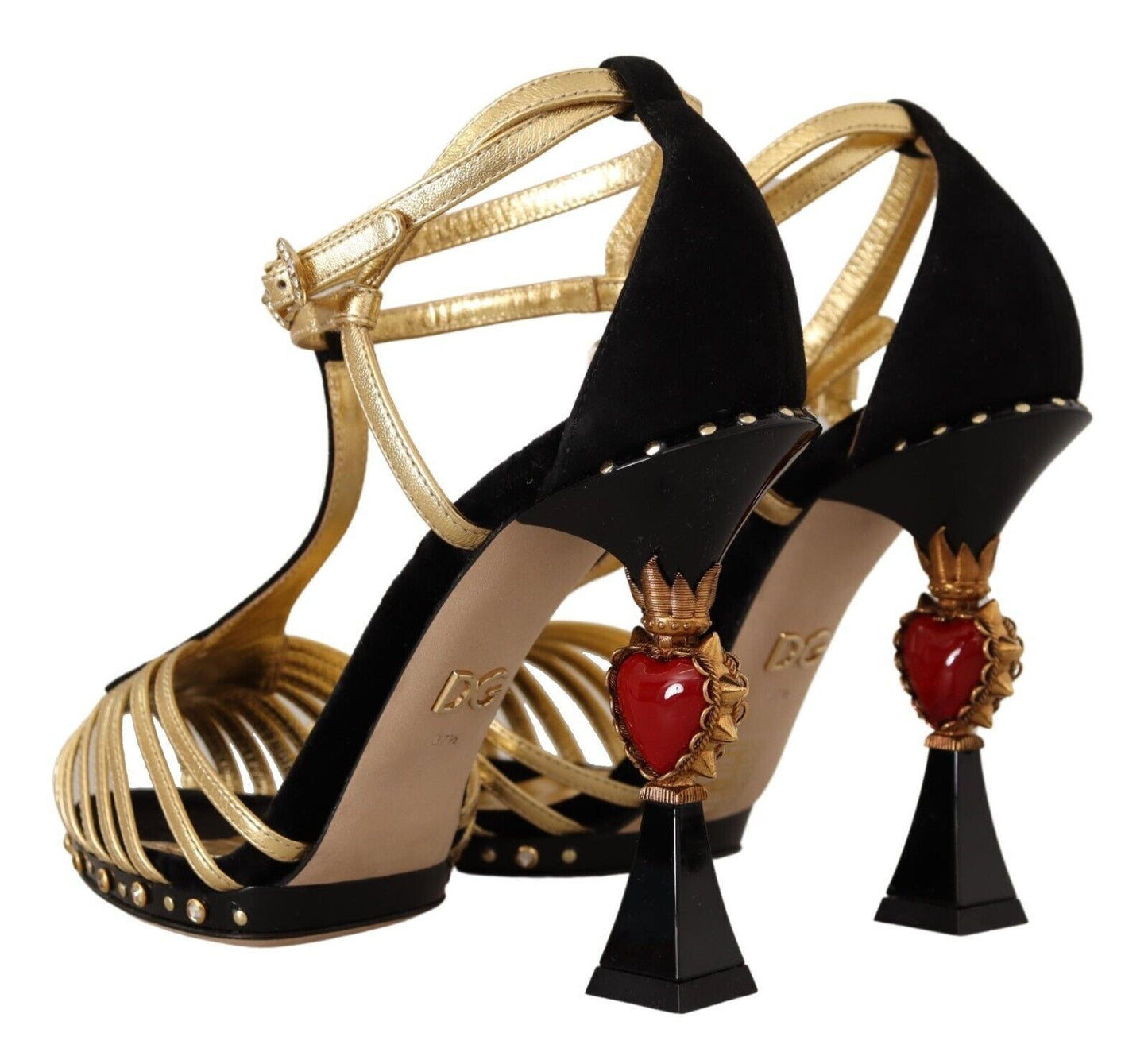 Elegant T-Strap Heels Sandals in Gold and Black