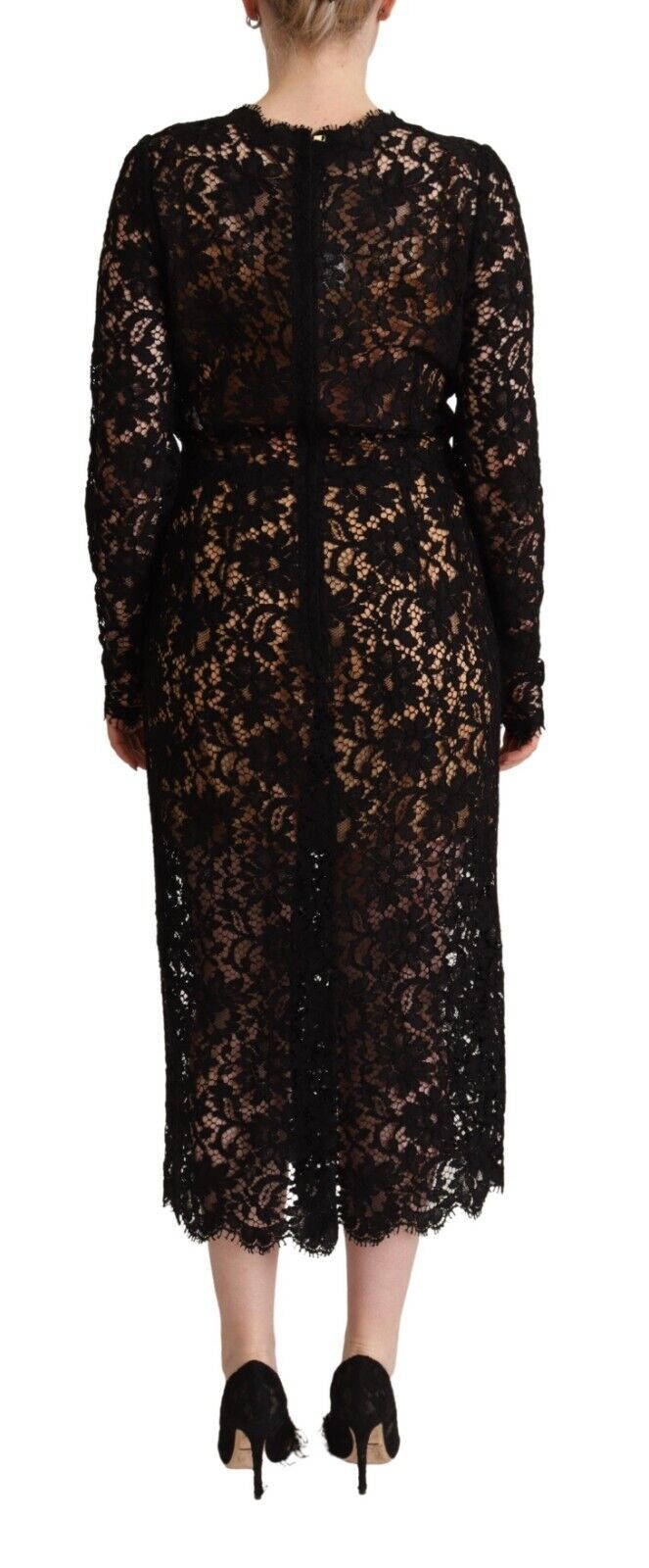 Black Floral Lace Cotton Midi Sheath Dress