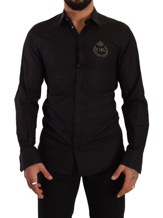 Elegant Black Cotton Dress Shirt with Embroidery