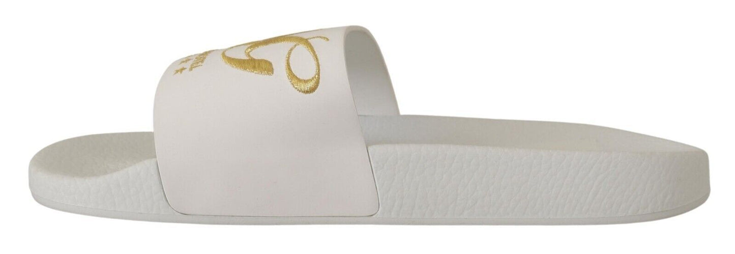 Chic White Leather Slides with Gold Embroidery