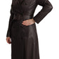 Dark Brown Leather Long Sleeves Belted Jacket