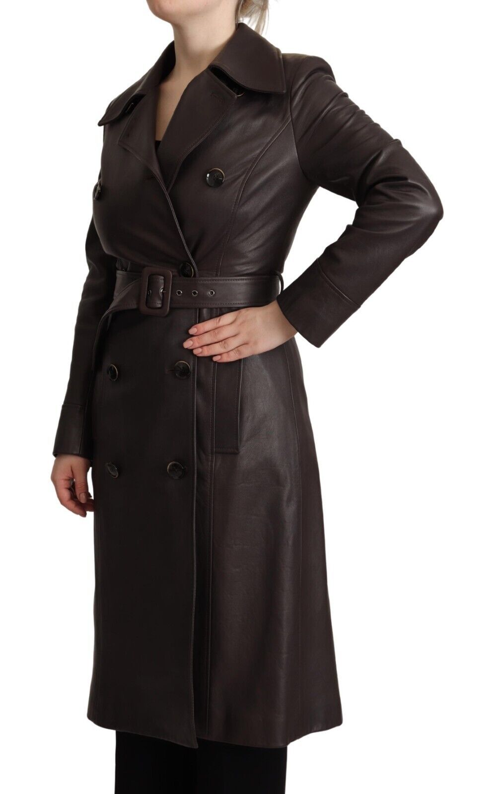 Dark Brown Leather Long Sleeves Belted Jacket