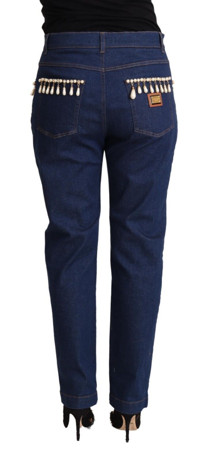 Elegant Tapered Denim with Faux Pearl Adornment