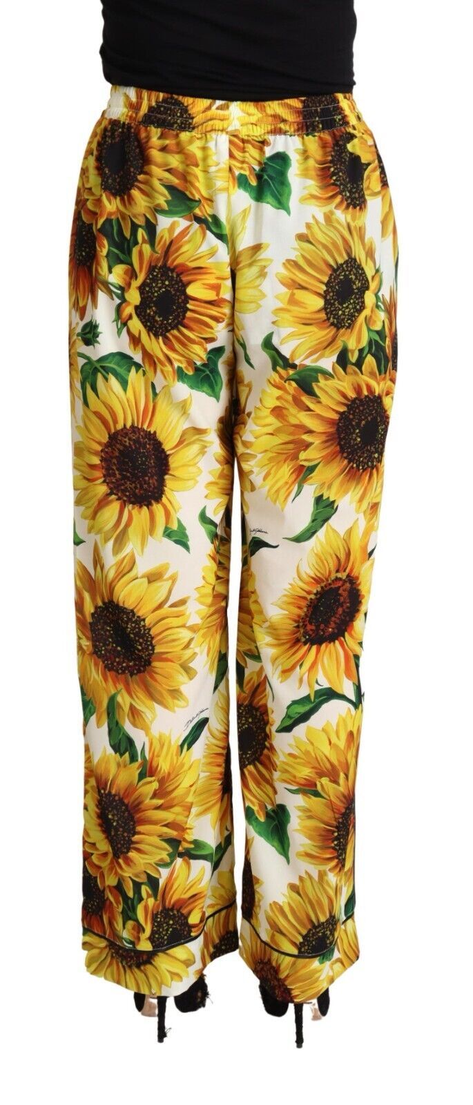 White Sunflower Print Mid Waist Wide Leg Pants