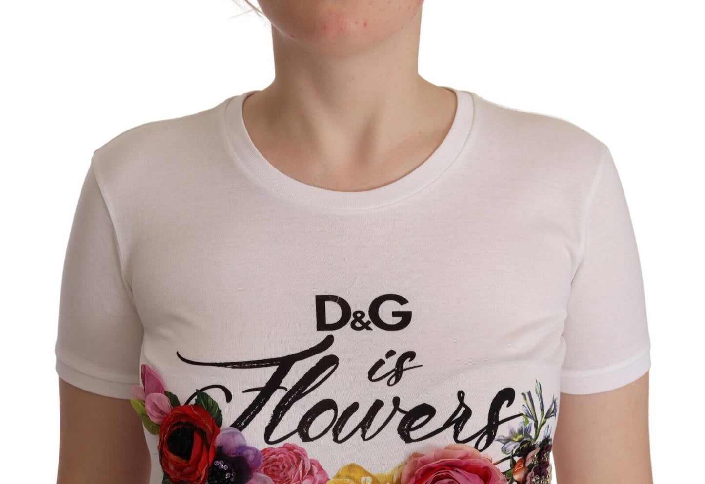 Elegant Floral Crystal-Embellished White Tee