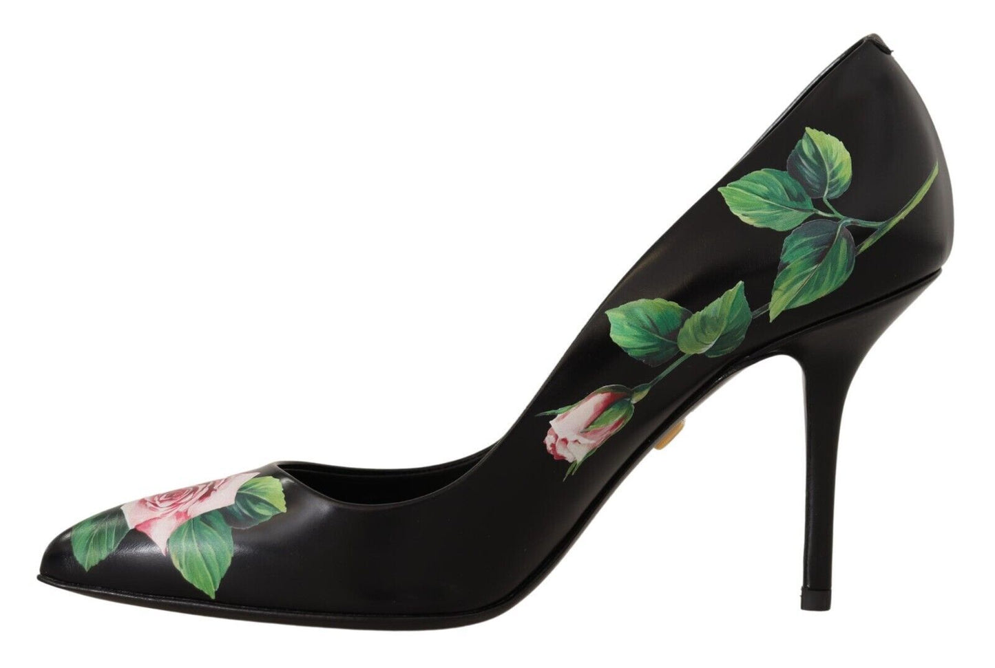 Elegant Black Rose Print Leather Heels