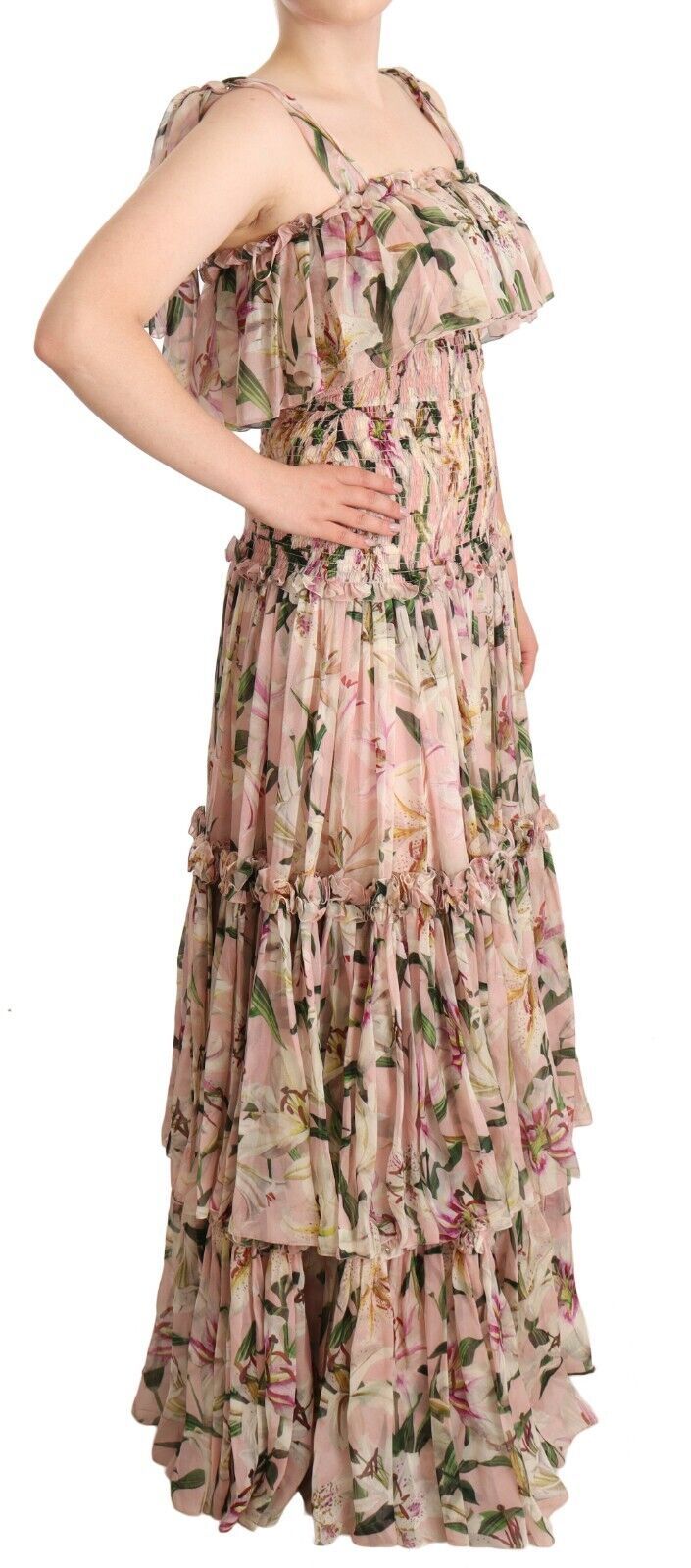 Elegant Floral Ruched Silk Long Dress