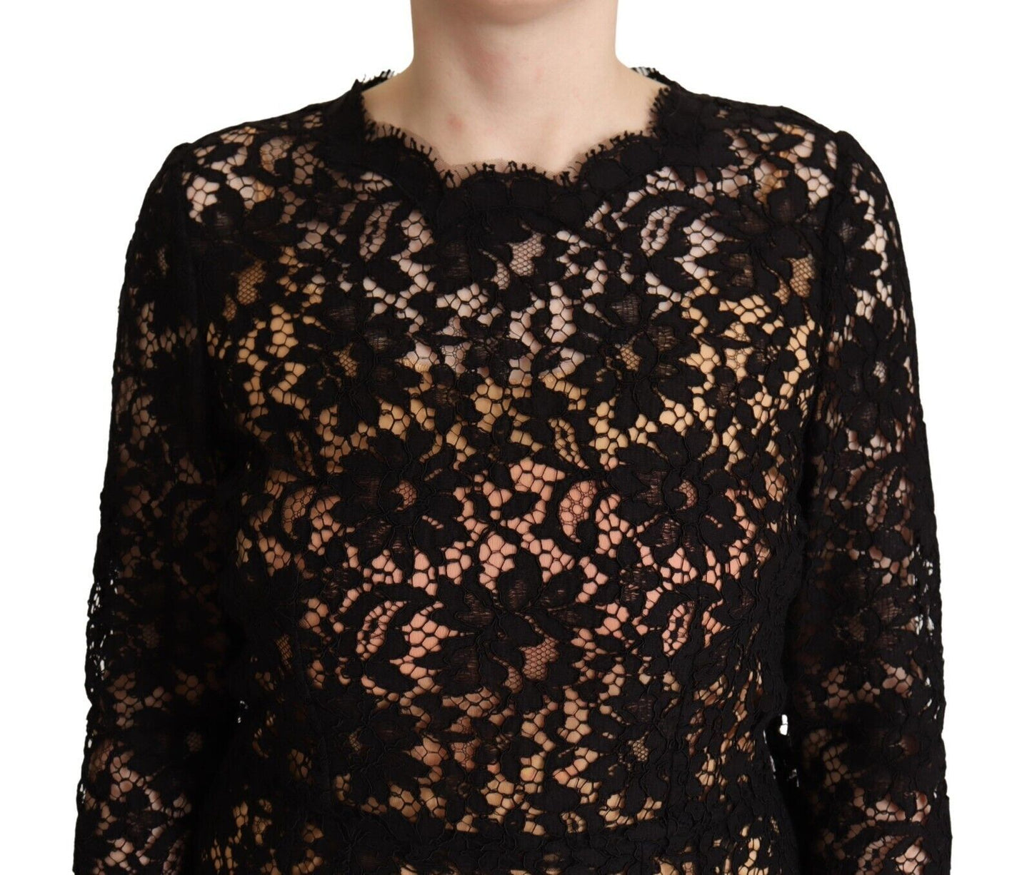 Black Floral Lace Cotton Midi Sheath Dress