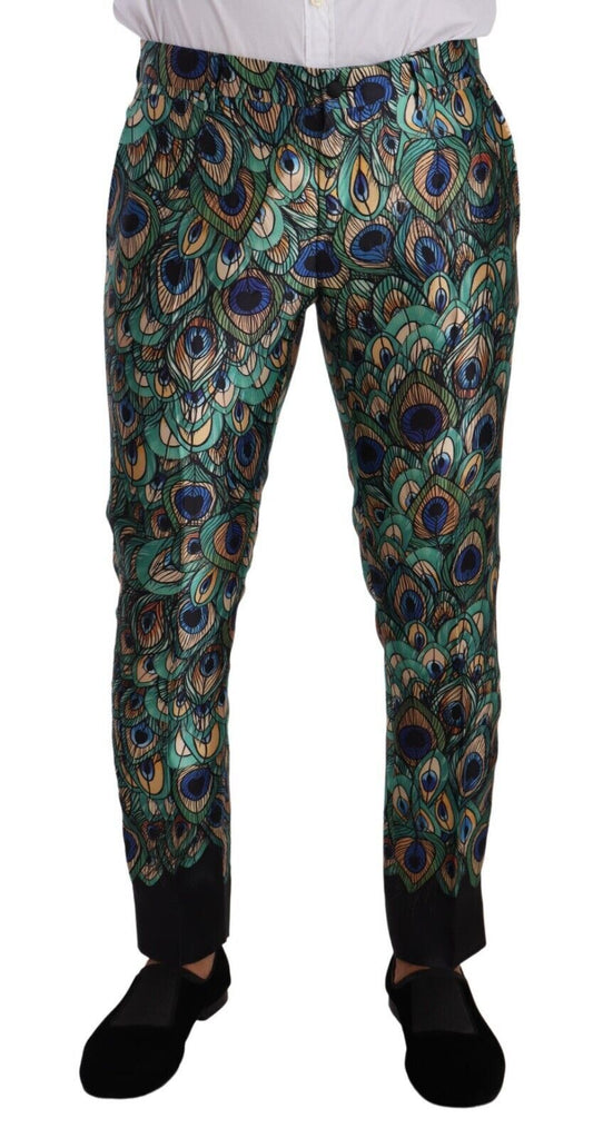 Peacock Feather Print Silk Skinny Pants