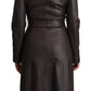 Dark Brown Leather Long Sleeves Belted Jacket