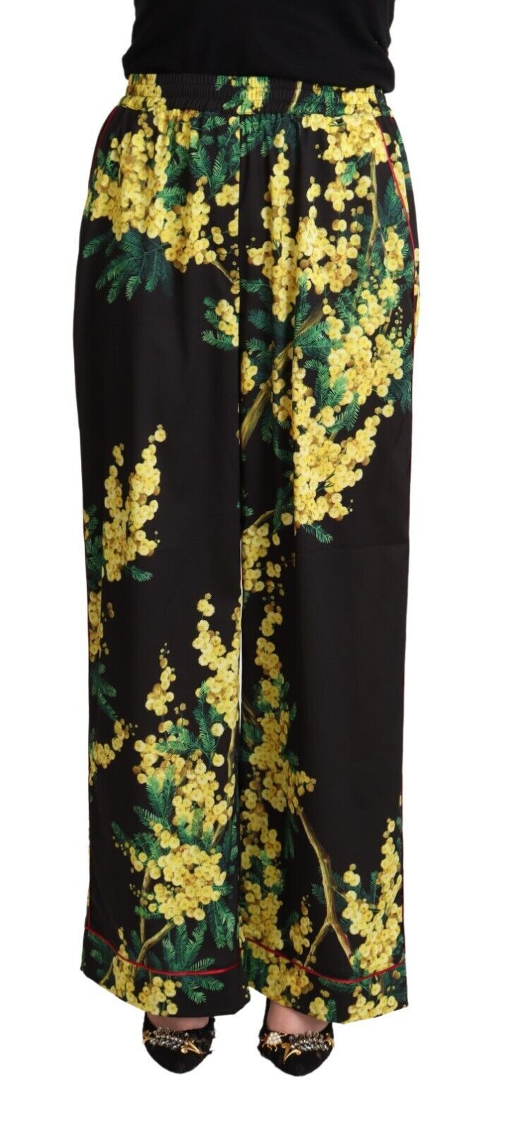 Black Floral Print Mid Waist Wide Leg Pants