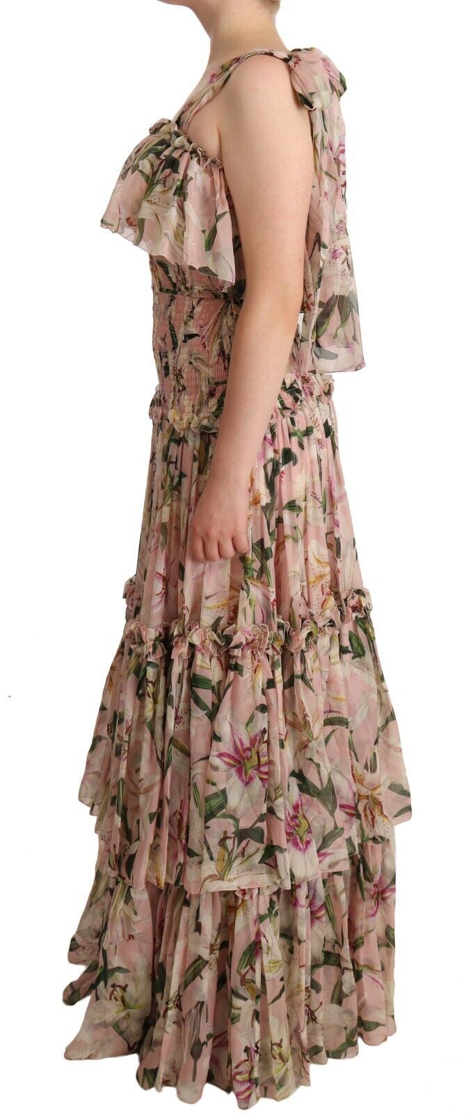 Elegant Floral Ruched Silk Long Dress