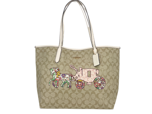 (CA607) Large Khaki Horse Carriage Graphic Signature City Tote Handbag