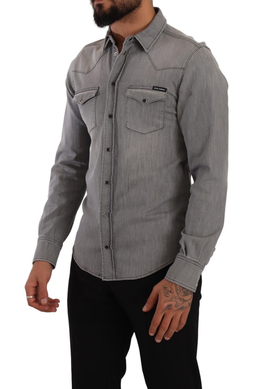 Sleek Gray Cotton Slim Fit Denim Shirt