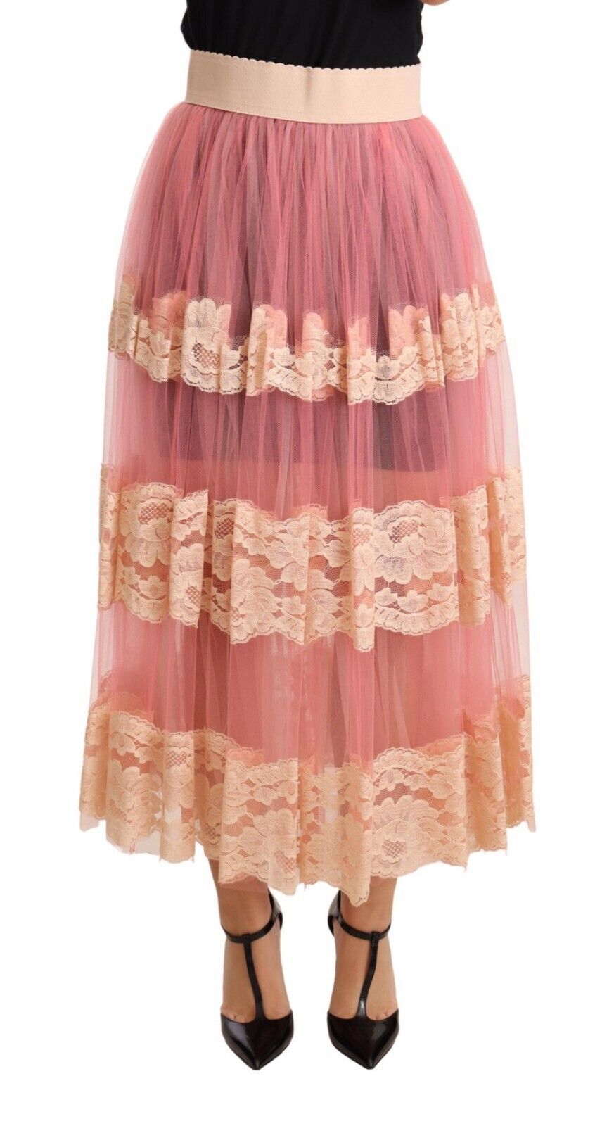 Elegant Pink High Waist Lace Midi Skirt