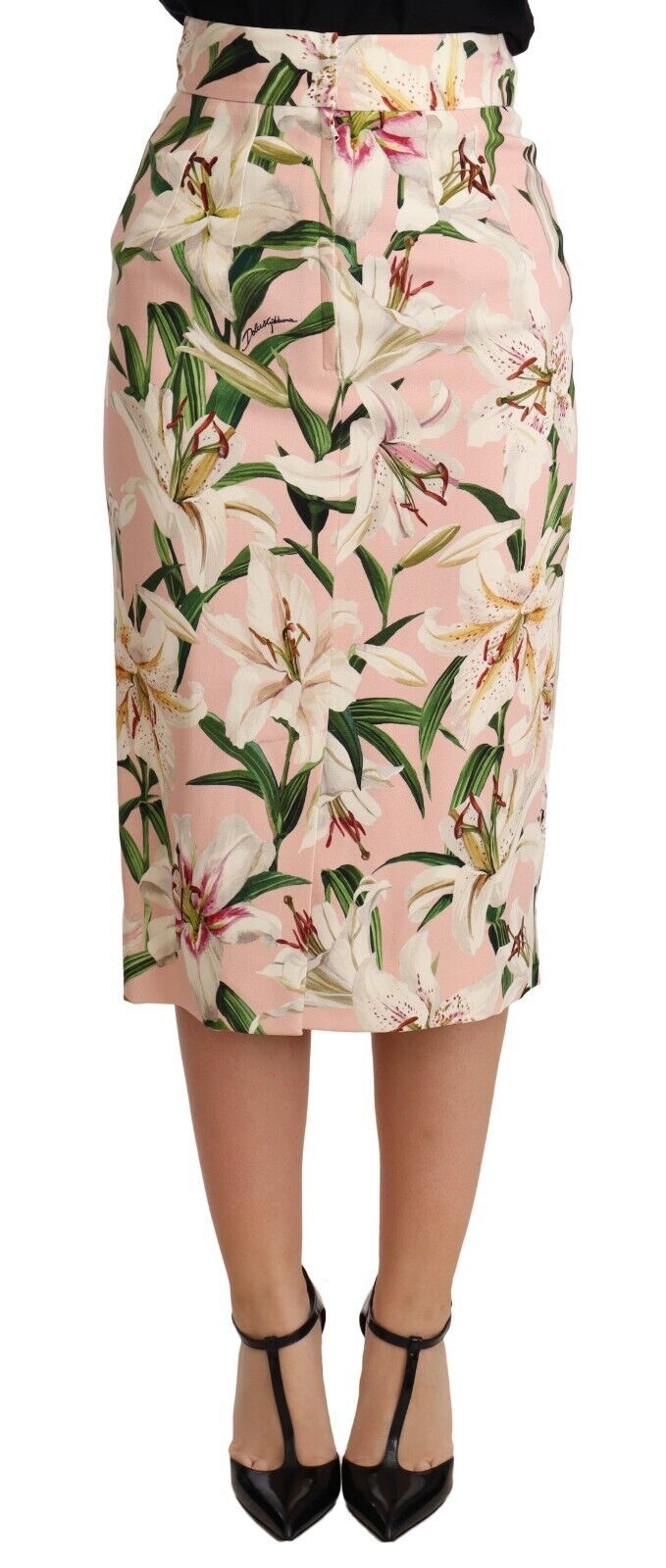 Elegant Pink Lily Print Midi Skirt