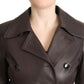 Dark Brown Leather Long Sleeves Belted Jacket