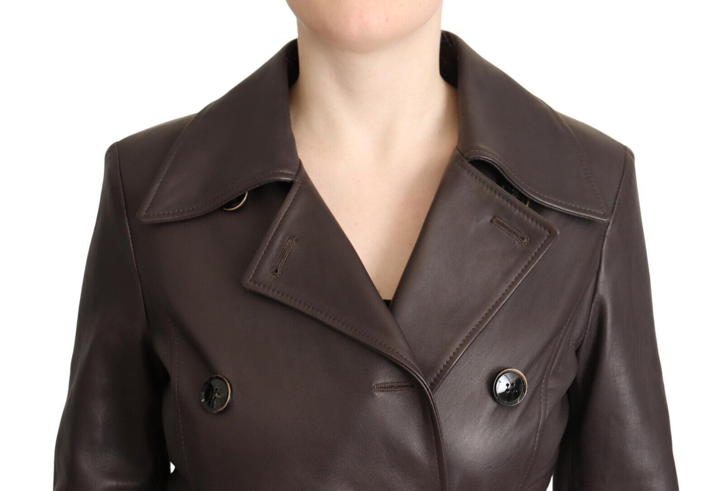 Dark Brown Leather Long Sleeves Belted Jacket