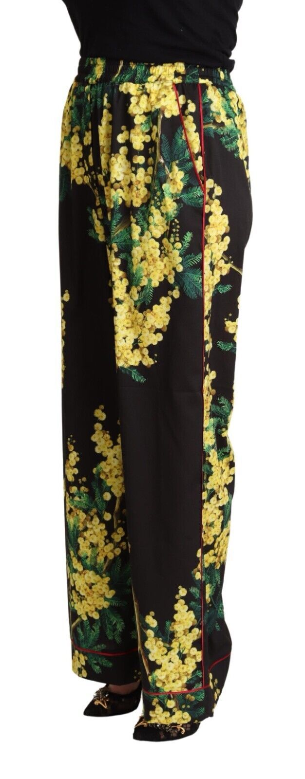 Black Floral Print Mid Waist Wide Leg Pants